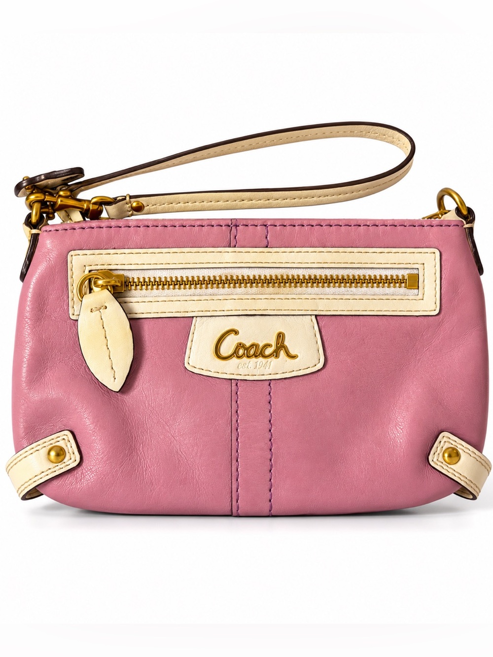 Vintage Y2K Coach Pink Leather Wristlet Cream Trim Gold Hardware
